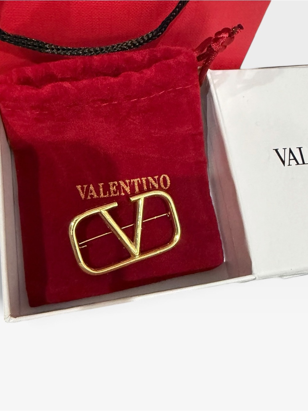 Valentino Gold V Logo Brooch Preloved with Red Velvet Pouch